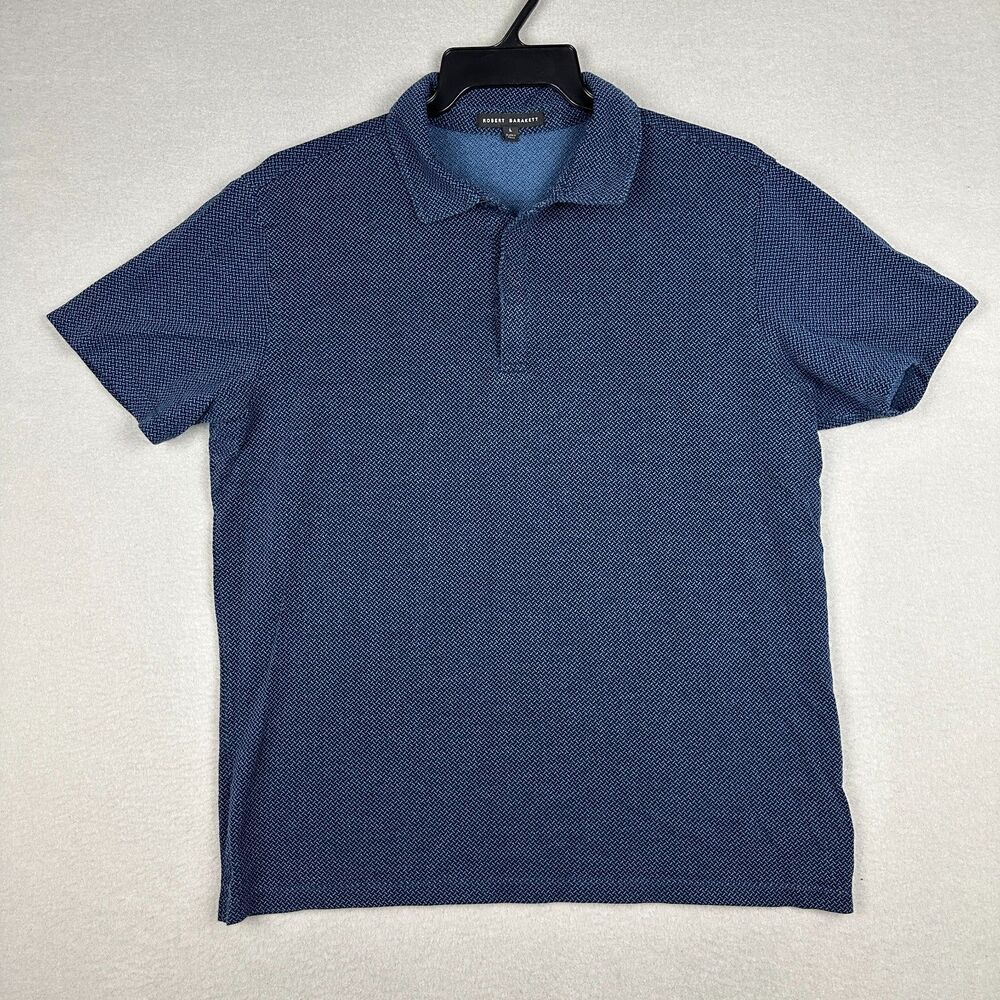 Robert Barakett Mens Large Creston Micropattern Jacquard Polo Shirt Blue Cotton